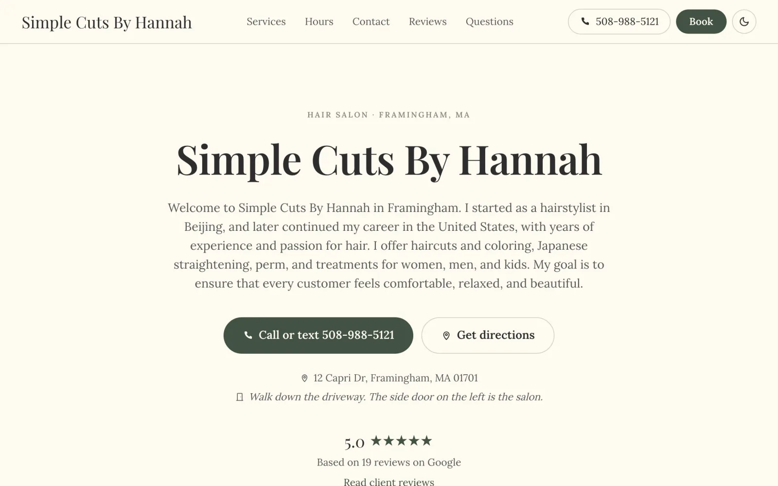 Home page of the Simple Cuts By Hannah salon website